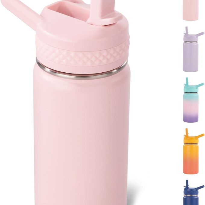 12 oz Kids Water Bottle, Toddler Water Bottle with Straw, Boys&Girls Bottle for School, 304 Stainless Steel Vacuum Insulated Bottle for Kids, BPA-Free, Leak-Proof, Pink