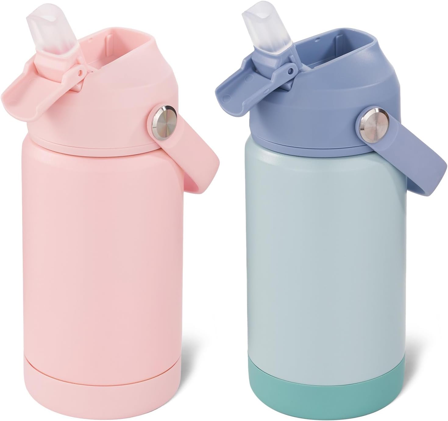 12 oz Water Bottle, 2 pack Kids Water Bottles for School, Toddler Water Bottle with Straw & Handle, 304 Stainless Steel Insulated Water Bottle, Non-slip Silicone Base, BPA Free, Pink+Haze Blue