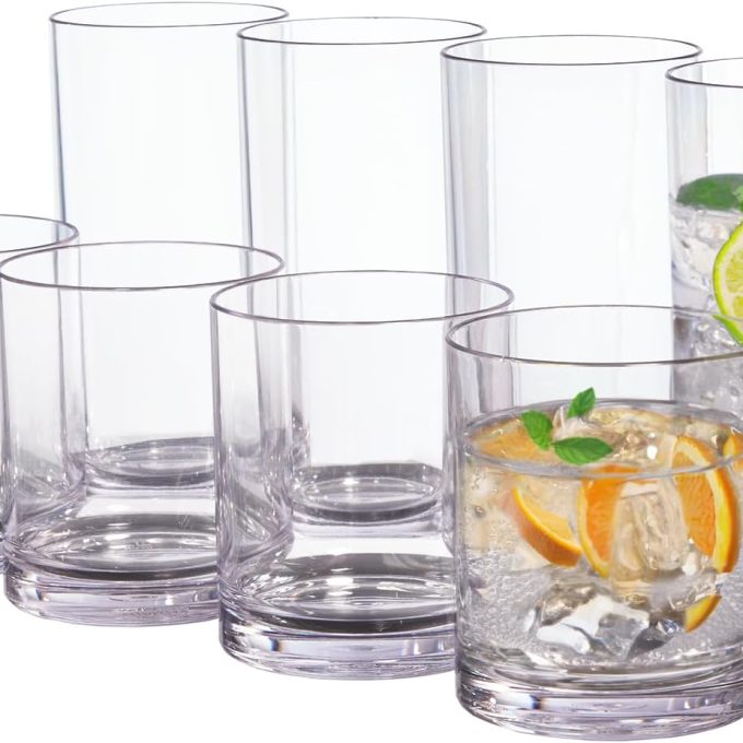 Acrylic Classic Clear Plastic Reusable Drinking Glasses (Set of 8) 12oz Rocks & 16oz Water Cups | BPA-Free Tumblers, Made in USA | Top-Rack Dishwasher Safe