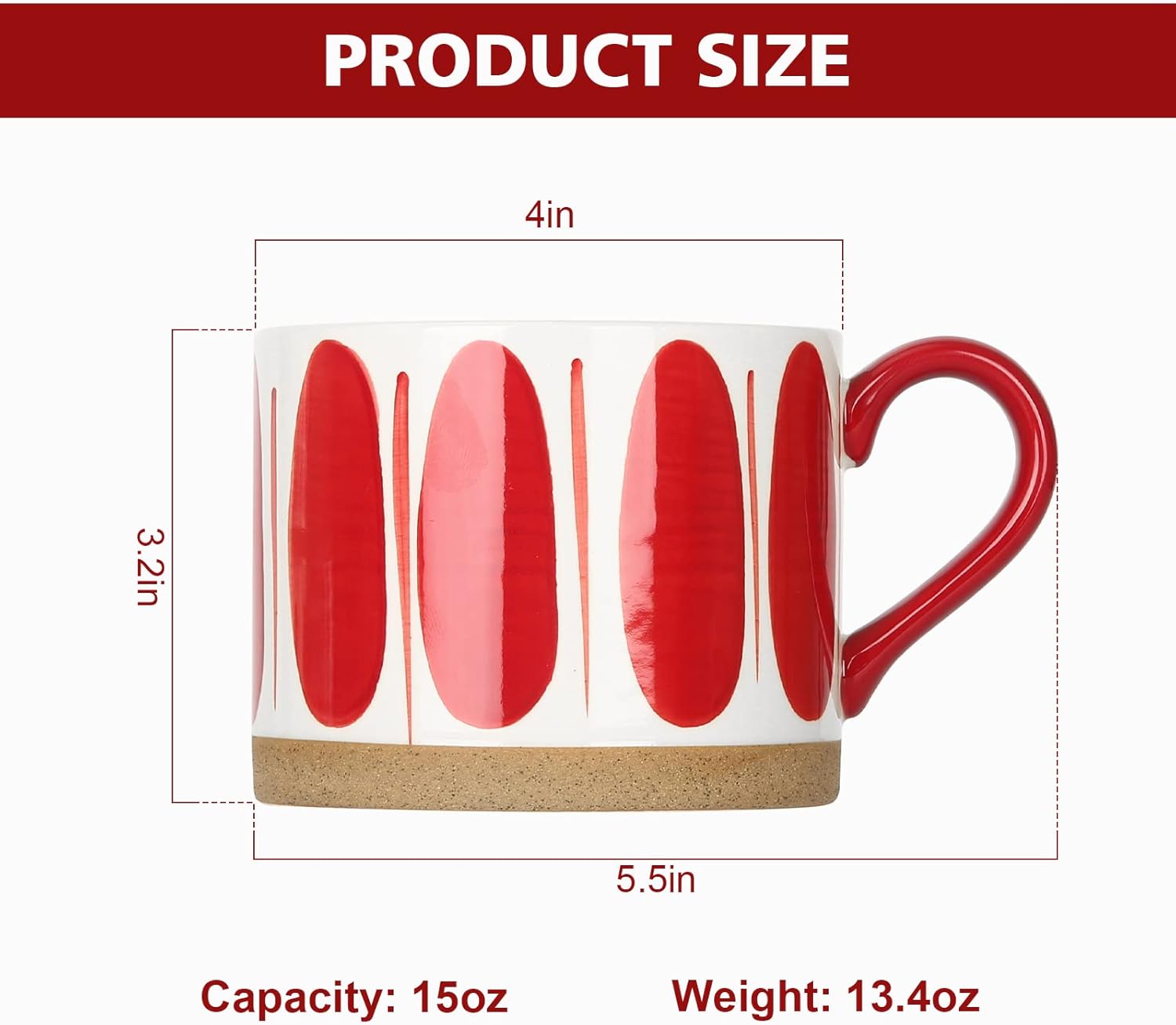 Hand Painted 15 oz. Porcelain Ceramic Mugs Set. Service for 4. (Hand Painted - Red) - Image 2