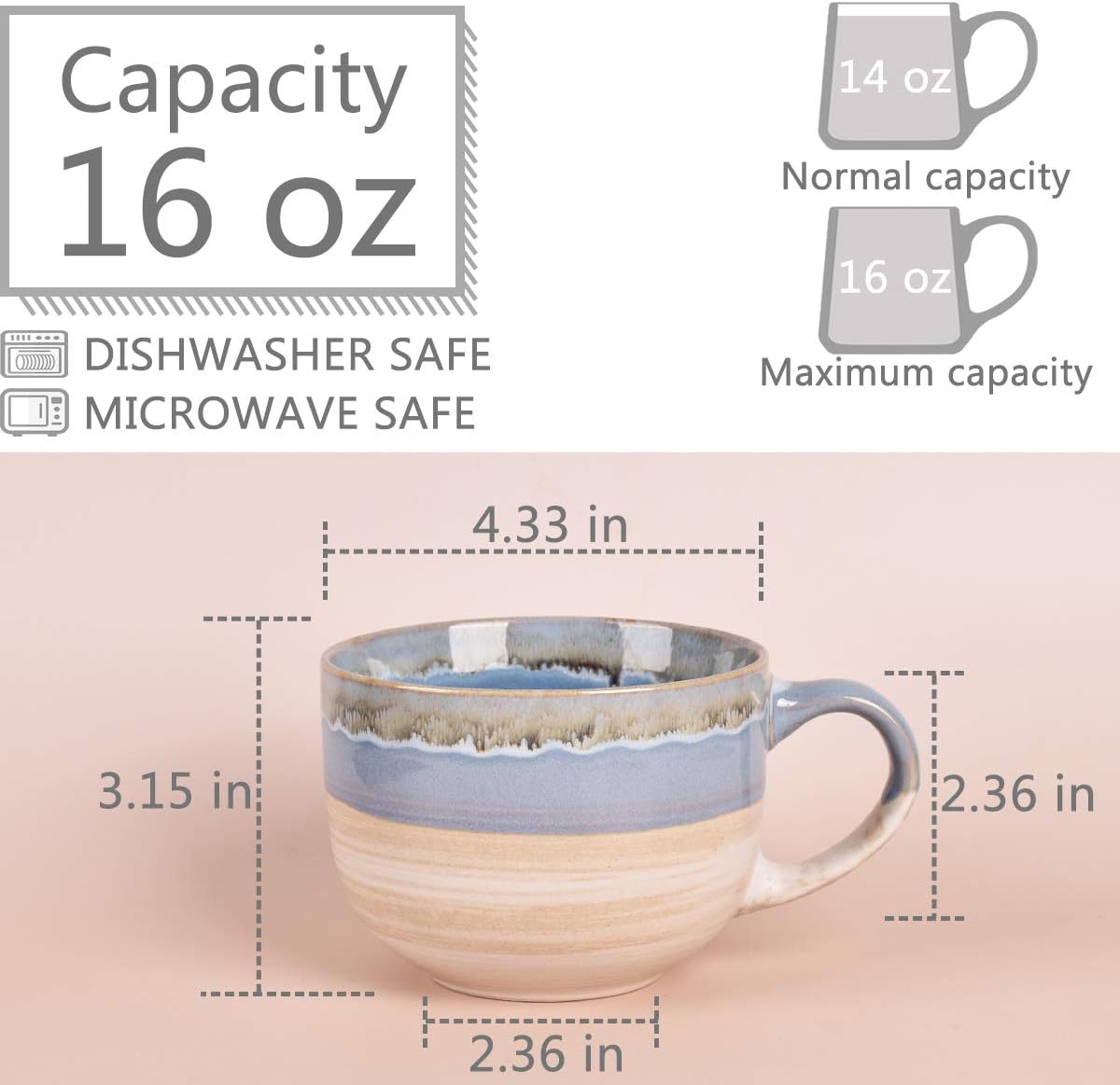 Large Ceramic Coffee Mug Set of 2, Stoneware Jumbo Latte Mugs for Office and Home, 16 Oz, Dishwasher and Microwave Safe(Blue, 2) - Image 2