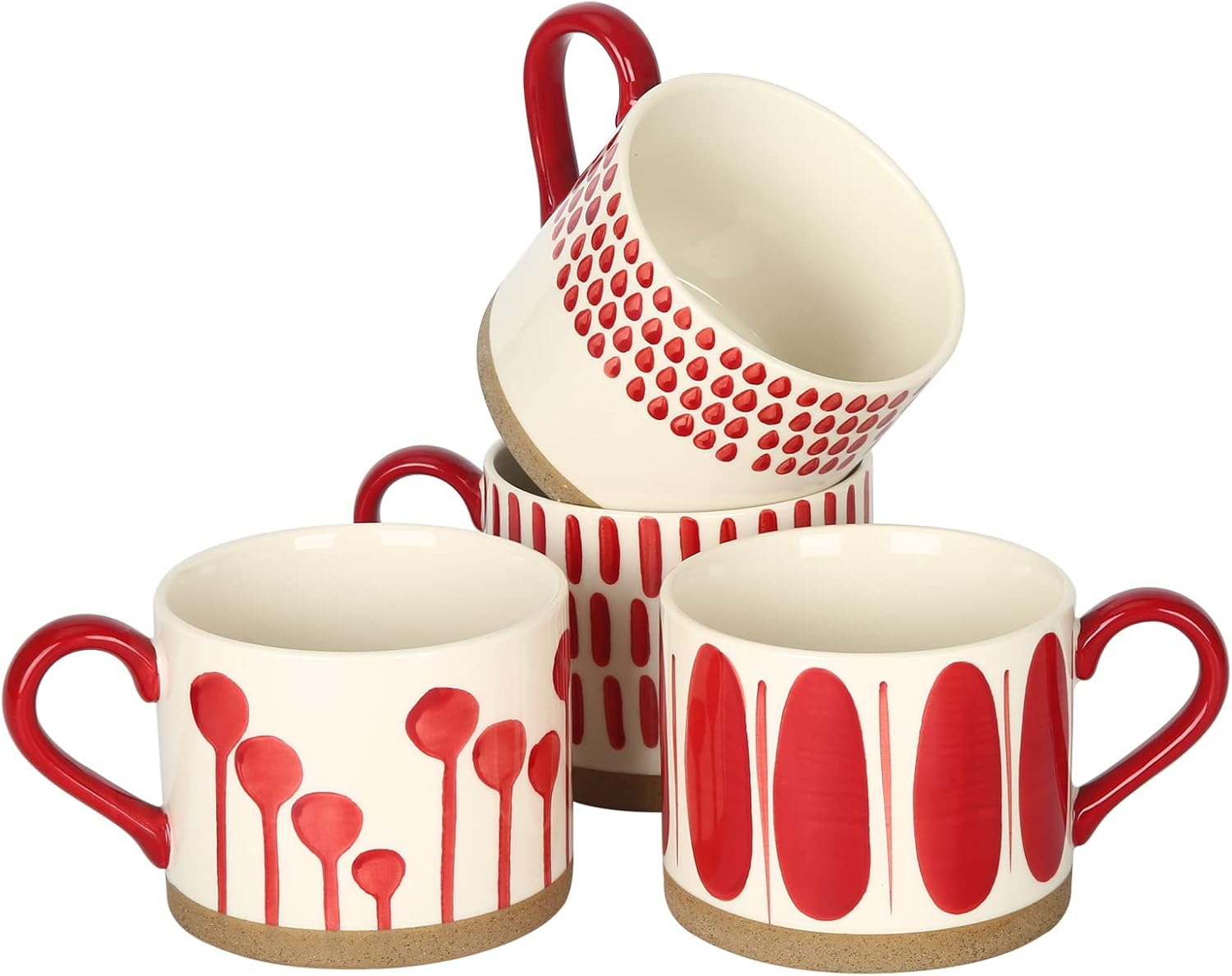 Hand Painted 15 oz. Porcelain Ceramic Mugs Set. Service for 4. (Hand Painted - Red)