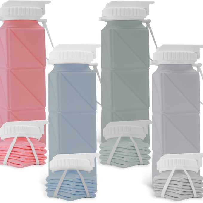 20 oz Water Bottles Collapsible (Set of 4) |  Free Leakproof Lightweight Foldable Silicon Water Bottles | Twistable Water Cup | for Travel Gym Hiking Camping Running Cycling Sports