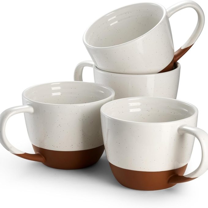 Large Coffee Mugs Set of 4-18 oz Ceramic Coffee Cups with Big Handle for Latte, Tea, Cappuccino, Unique Design Housewarming Gift for Men and Women, Glaze with Specks