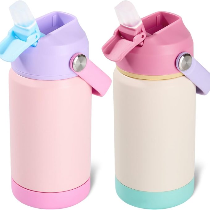 12oz Kids Water Bottle 2 Pack, Stainless Steel Insulated Water Bottle Bulk, Toddler Cups with Straws Leak-Proof, Kids Water Bottles for School Boys Girls, BPA Free, 2 Piece Set Berry Couple
