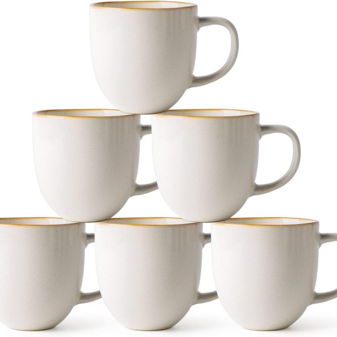 12oz Coffee Mugs, Ceramic Coffee Mugs set of 6 for Man, Woman, Dad, Mom, Modern Coffee Mugs with handle for Latte/Cappuccino/Milk/Cocoa. Dishwasher&Microwave Safe, White-Reactive Glaze