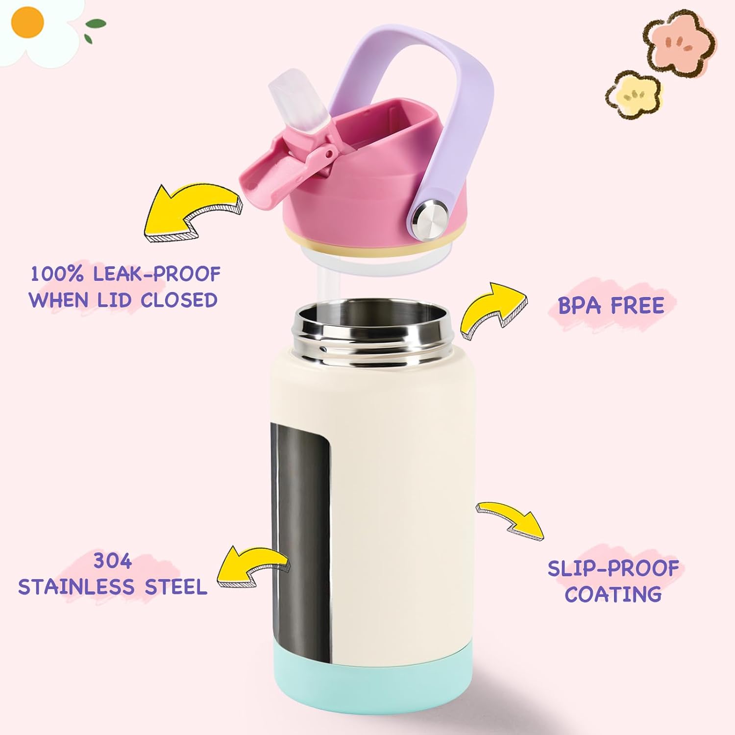 12oz Kids Water Bottle 2 Pack, Stainless Steel Insulated Water Bottle Bulk, Toddler Cups with Straws Leak-Proof, Kids Water Bottles for School Boys Girls, BPA Free, 2 Piece Set Berry Couple - Image 2