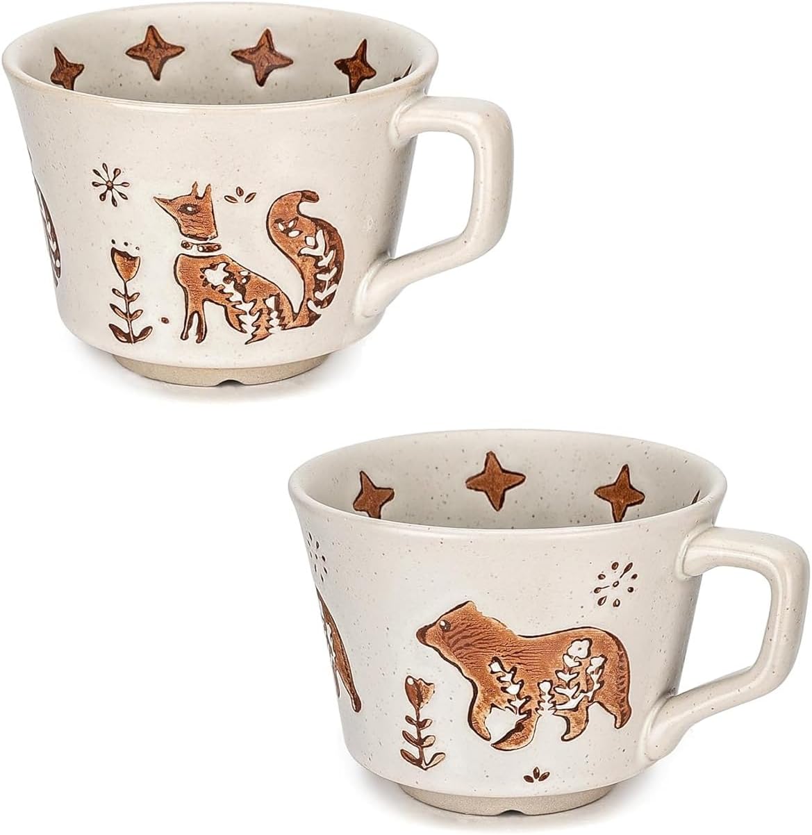 Vintage Ceramic Mug Set - 12 oz Unique Ceramic Coffee Mugs & Tea Cups with Hand-Drawn Patterns, Dishwasher & Microwave Safe, Ideal Gift (Fox and Bear)