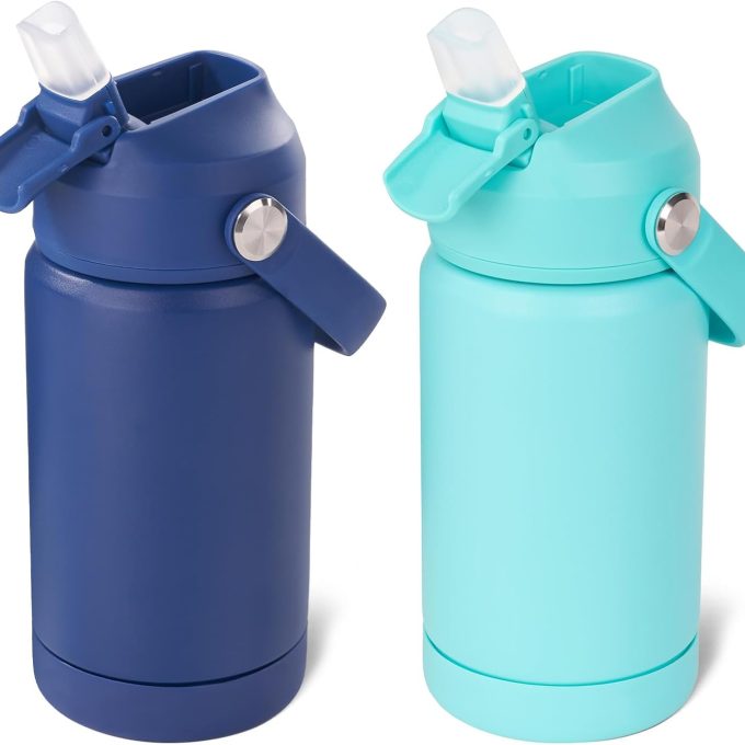 12oz Kids Water Bottle 2 Pack, Stainless Steel Insulated Water Bottle Bulk, Toddler Cups with Straws Leak-Proof, Kids Water Bottles for School Boys Girls, BPA Free, Blue+Green 2 Piece Set