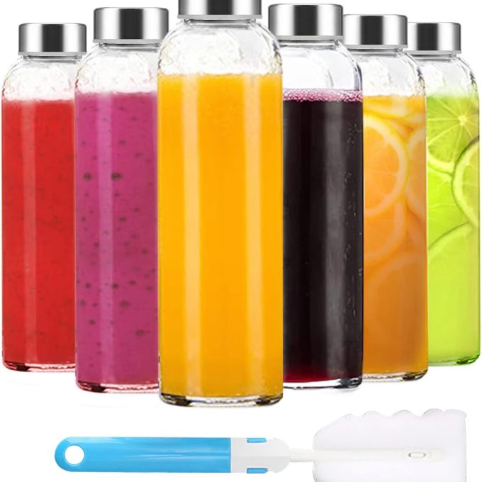 Clear Glass Bottles with Lids 18 oz, Reusable Glass Water Bottles with Stainless Steel Cap for Juicing, Refrigerator,100% Leak Proof, BPA Free, Juice Glass Set of 6