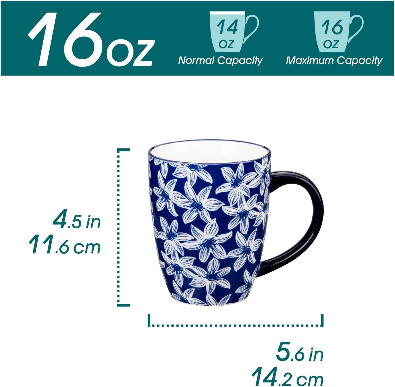 Large Coffee Mugs Set of 6, 16 Oz Porcelain Coffee Cups with Handle, Ceramic Tea Cup for Cappuccino, Latte, Tea, Cocoa, Dishwasher & Microwave Safe Gift Sets, Vintage Blue - Image 2