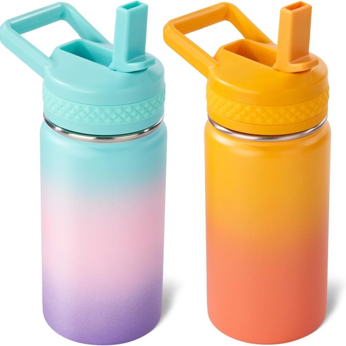 12 oz Toddler Bottle, Kids Water Bottle for School Boys&Girls with Straws Lids, 304 Stainless Steel Vacuum Insulated Thermos, BPA-Free, Aurora + Sunrise