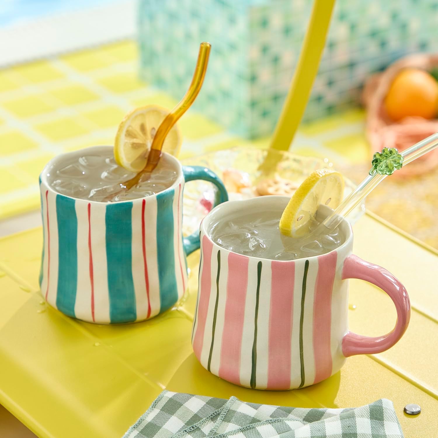 Striped Ceramic Coffee Mugs Set of 2, Pink and Green Stackable Stoneware Mugs for Morning Coffee, Tea & Cocoa, 12oz Dishwasher & Microwave Safe Mug Gift Set for Home & Office - Image 2