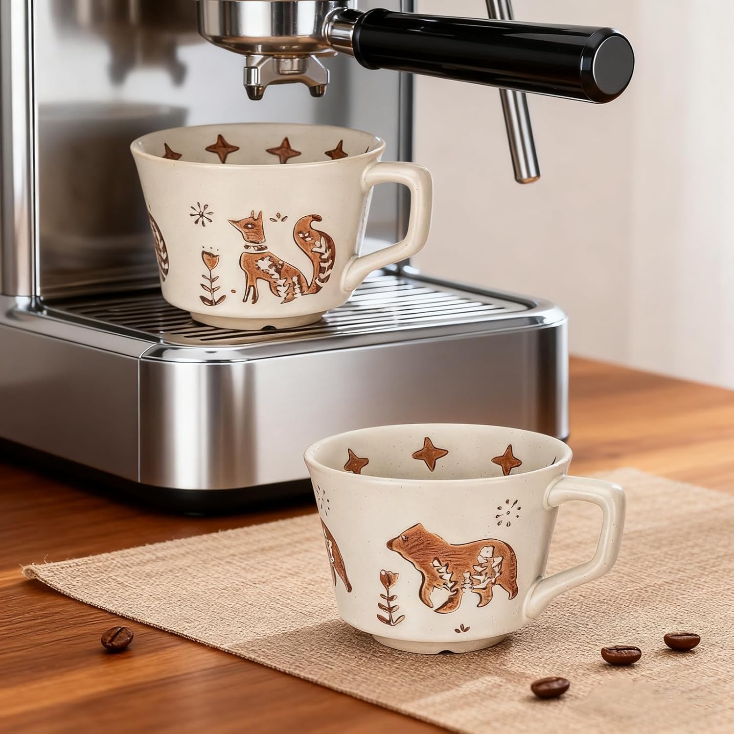 Vintage Ceramic Mug Set - 12 oz Unique Ceramic Coffee Mugs & Tea Cups with Hand-Drawn Patterns, Dishwasher & Microwave Safe, Ideal Gift (Fox and Bear) - Image 2