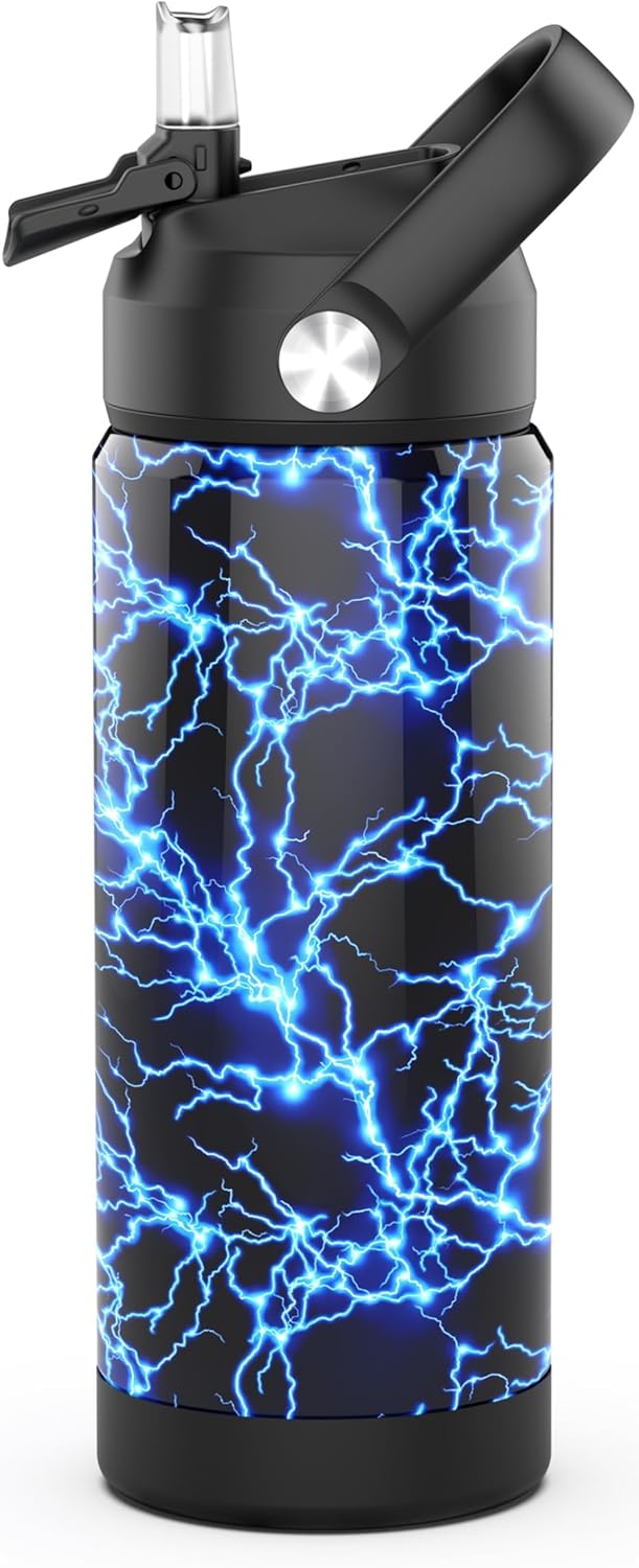 Boys Water Bottle with Straw,18 oz Kids Insulated Cups with Stainless Steel Leak Proof for School,Sport&Travel(Lightning)