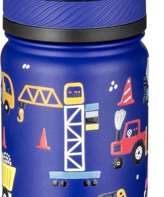14 Oz Kids Insulated Water Bottle with Straw - Stainless Steel Double Wall Vacuum Cup, Leakproof, BPA Free, Suitable for Boys and Girls(Blue - Under Construction)