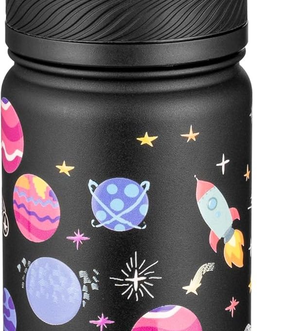 14 Oz Kids Insulated Water Bottle with Straw - Stainless Steel Double Wall Vacuum Cup, Leakproof, BPA Free, Suitable for Boys and Girls(Black - Solar System)