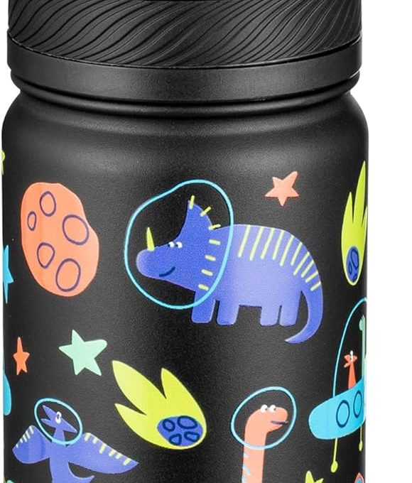 14 Oz Kids Insulated Water Bottle with Straw - Stainless Steel Double Wall Vacuum Cup, Leakproof, BPA Free, Suitable for Boys and Girls(Black - Space Dinasour)