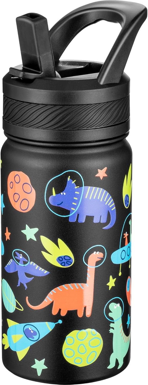 14 Oz Kids Insulated Water Bottle with Straw - Stainless Steel Double Wall Vacuum Cup, Leakproof, BPA Free, Suitable for Boys and Girls(Black - Space Dinasour)