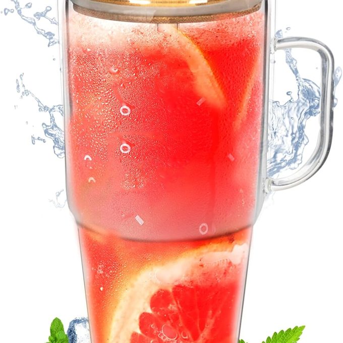 Glass Cups with Lids and Straws - 40 Oz Tumbler with Handle and Straw Glass Water Bottles Drinking Glasses Glass Straws Iced Coffee Cups Travel Coffee Mug Smoothie Cup Glass Tumbler