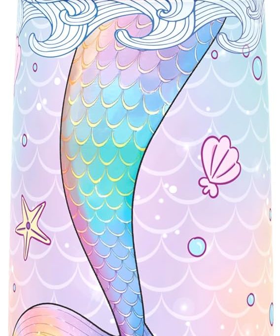 Girls Insulated Water Bottle with Covered Pop-Up Straw,16 oz Kids Cups with Stainless Steel Leak Proof for School Pink（Mermaid）