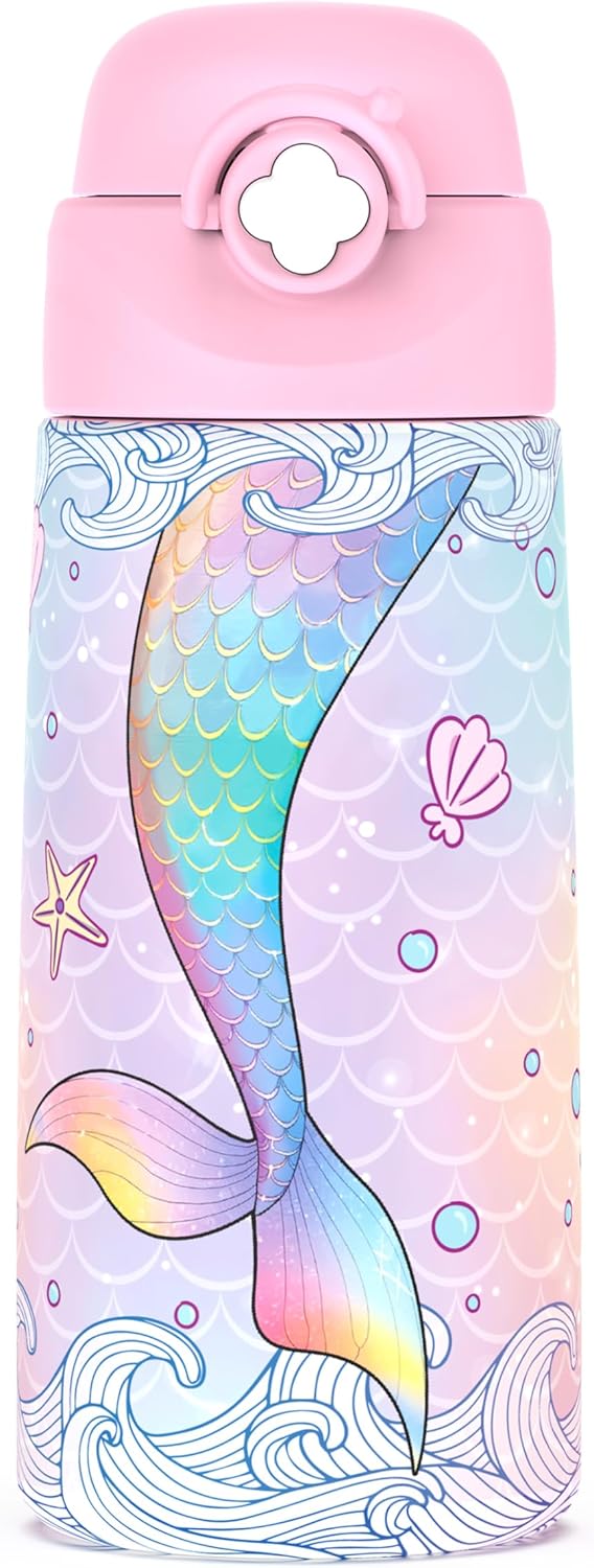 Girls Insulated Water Bottle with Covered Pop-Up Straw,16 oz Kids Cups with Stainless Steel Leak Proof for School Pink(Mermaid)