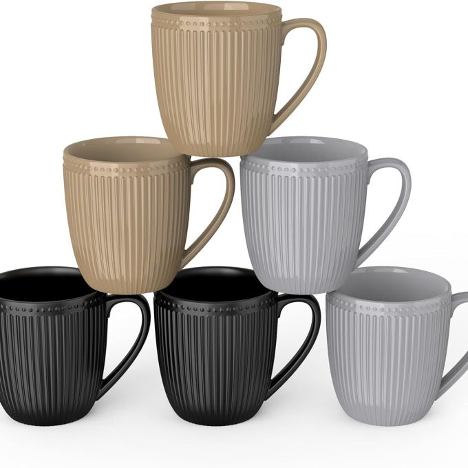 Coffee Mugs Set of 6, 16 Oz Coffee Mugs, Porcelain Mugs, Large and Easy to Grip Mug Sets, Embossed Coffee Cup Set for Coffee, Multicolor-9
