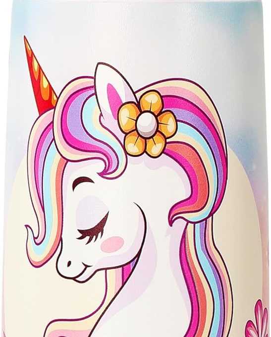 Girls Insulated Water Bottle with Covered Pop-Up Straw,16 oz Kids Cups with Stainless Steel Leak Proof for School Pink（Unicorn）