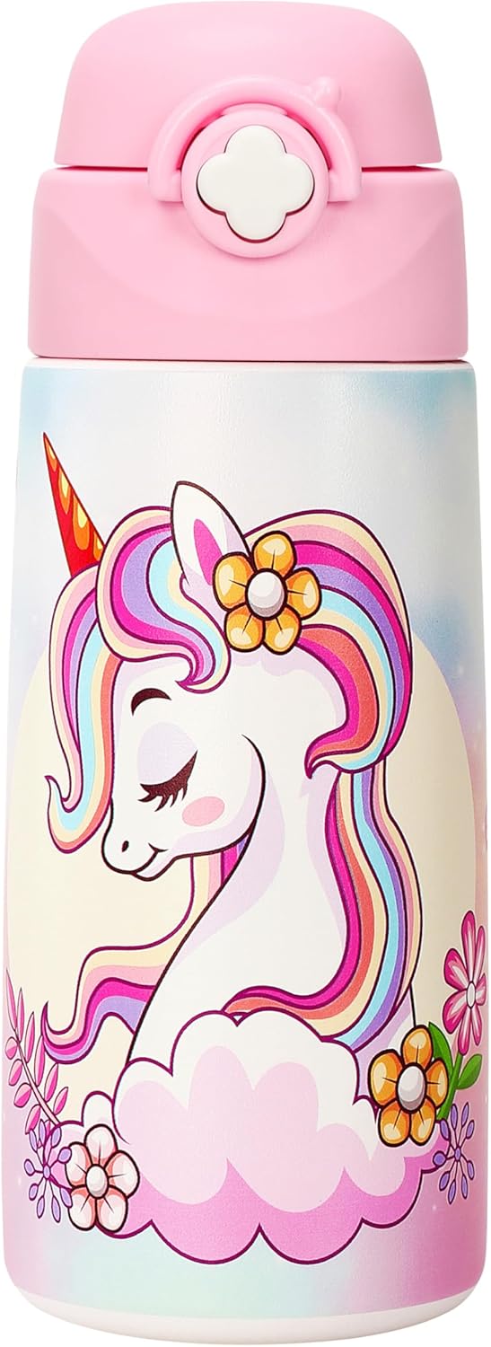 Girls Insulated Water Bottle with Covered Pop-Up Straw,16 oz Kids Cups with Stainless Steel Leak Proof for School Pink(Unicorn)