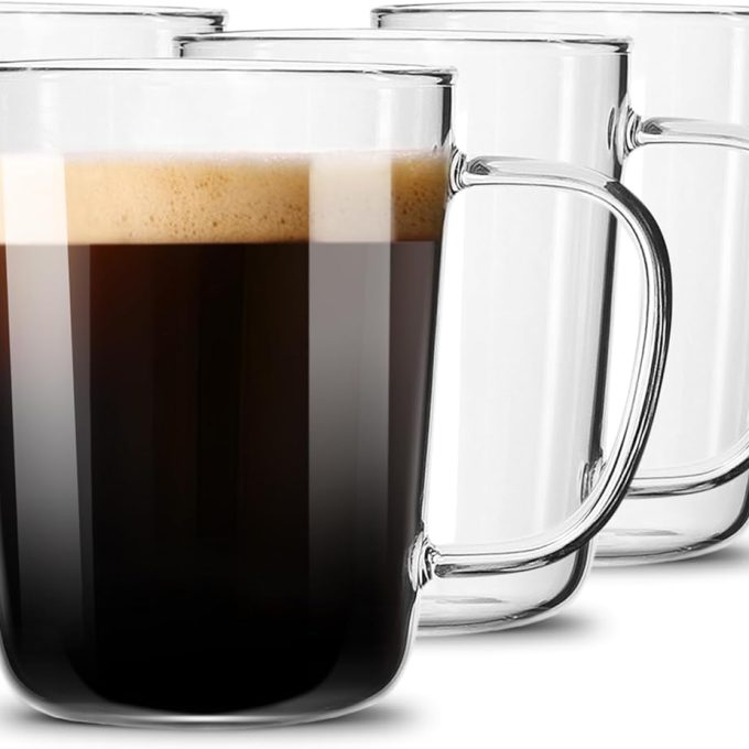 Glass Coffee Mugs(Set of 4)-17 oz,Clear Beer Mugs,Glass Tea Cups with Comfortable Handle,Lead-free Drinking Glasses,Perfect for Latte,Espresso,Juice,Water,Milk or Hot and Cold Beverage
