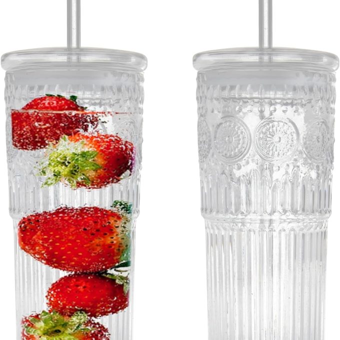 All Glass Iced Coffee Cup With Lids and Straws，24 OZ High Borosilicate Glass Tumbler for Water Smoothie Juice Drinks