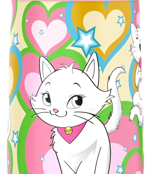 Girls Insulated Water Bottle with Covered Pop-Up Straw,16 oz Kids Cups with Stainless Steel Leak Proof for School Pink（Cat）