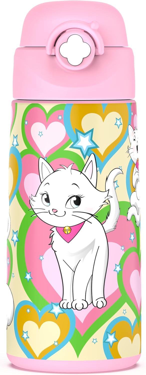 Girls Insulated Water Bottle with Covered Pop-Up Straw,16 oz Kids Cups with Stainless Steel Leak Proof for School Pink(Cat)