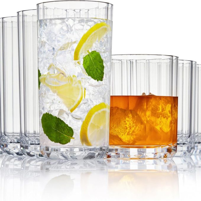 Acrylic Faceted Clear Plastic Reusable Drinking Glasses (Set of 8) 14oz Rocks & 18oz Water Cups | BPA-Free Tumblers, Made in USA | Top-Rack Dishwasher Safe