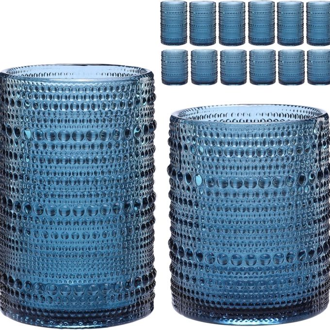 Vintage Glassware Drinking Glasses Set of 12,Blue 12oz & 15oz  Glass Cups,Embossed Water Tumbler,for Beer,Cocktail,Whiskey,Juice and VarioMixed Drinks- 1 Cleaning Brush