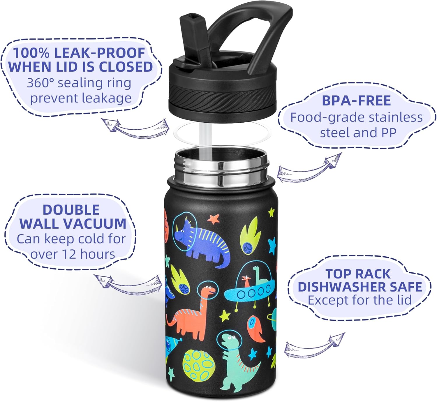 14 Oz Kids Insulated Water Bottle with Straw - Stainless Steel Double Wall Vacuum Cup, Leakproof, BPA Free, Suitable for Boys and Girls(Black - Space Dinasour) - Image 2