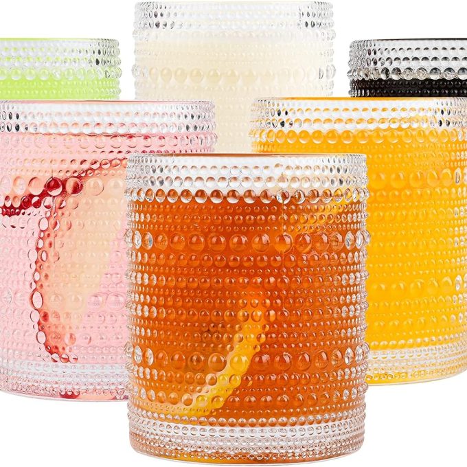 Vintage Glassware Drinking Glasses Set of 6,12 oz  Glass Cups,Embossed Clear Water Tumbler,for Beer,Cocktail,Whiskey,Juice and VarioMixed Drinks- 1 Cleaning Brush