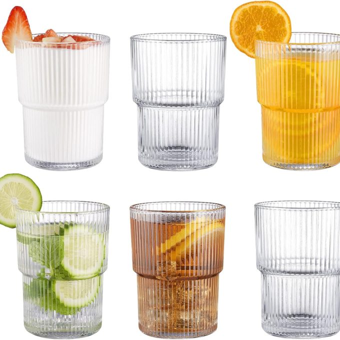 Ribbed Glassesware 14 Oz Ripple Drinking Glasses Iced Coffee Glasses Glass Cup Set Of 6 Vintage Drinking Glasses Water Glasses Fluted Glassware Cocktail Glass Cute Glass Cups