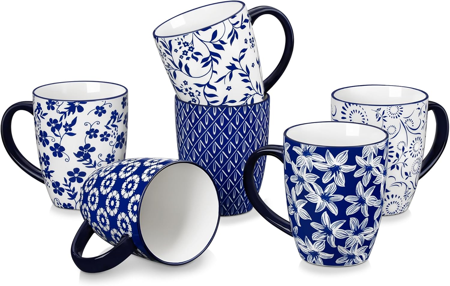 Large Coffee Mugs Set of 6, 16 Oz Porcelain Coffee Cups with Handle, Ceramic Tea Cup for Cappuccino, Latte, Tea, Cocoa, Dishwasher & Microwave Safe Gift Sets, Vintage Blue