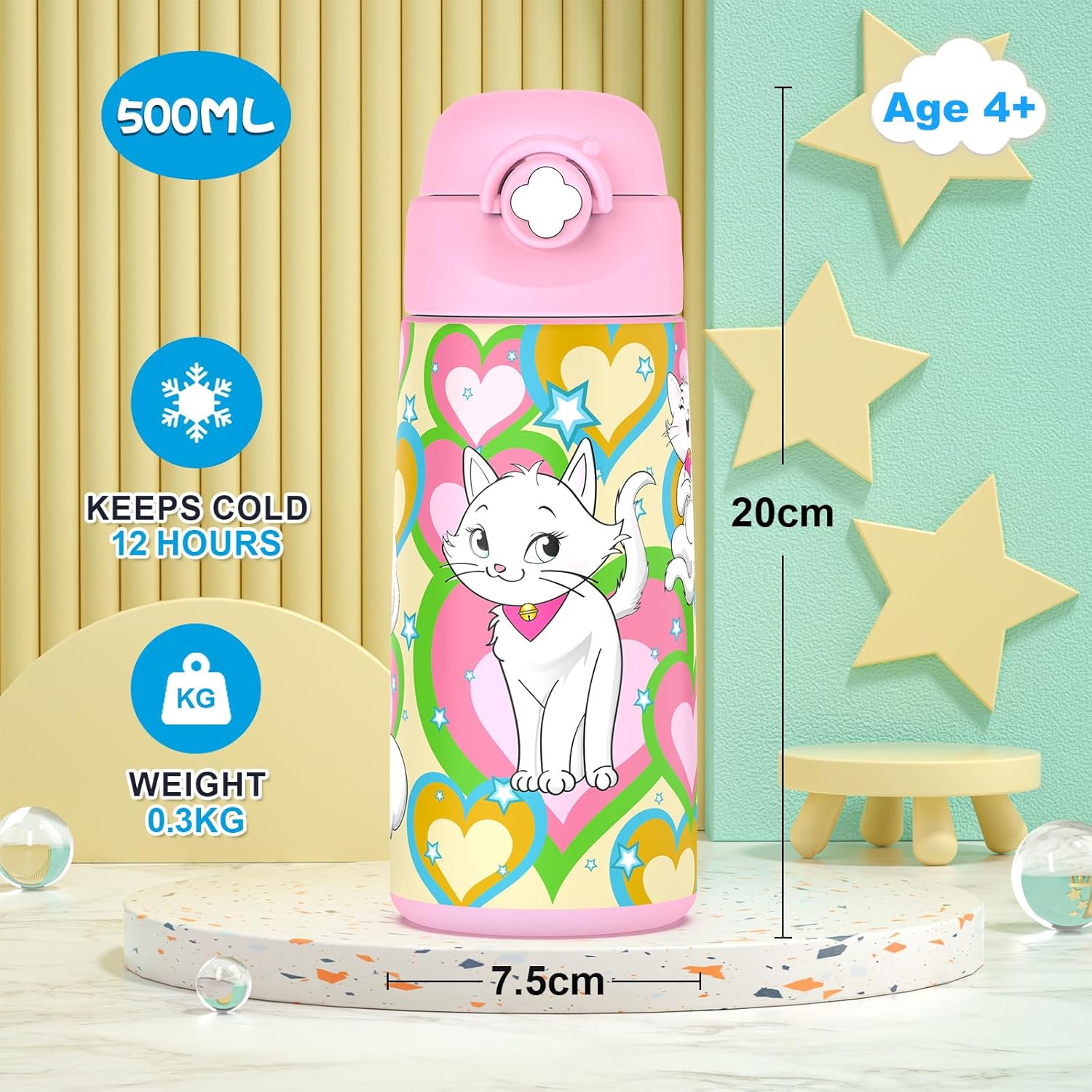 Girls Insulated Water Bottle with Covered Pop-Up Straw,16 oz Kids Cups with Stainless Steel Leak Proof for School Pink(Cat) - Image 2