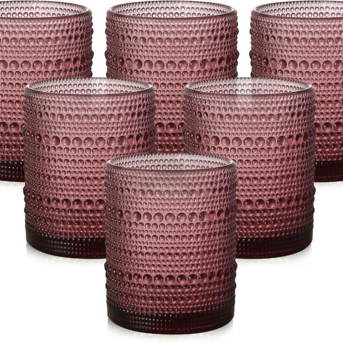 Vintage Glassware Drinking Glasses Set of 6,12 oz  Glass Cups,Embossed Purple Water Tumbler,for Beer,Cocktail,Whiskey,Juice and VarioMixed Drinks- 1 Cleaning Brush