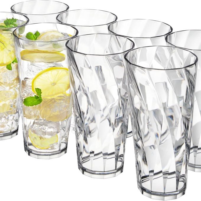 Acrylic Plastic Reusable Drinking Glasses (Set of 8) 26oz Iced-Tea Cups in Clear | BPA-Free Tumblers, Made in USA | Top-Rack Dishwasher Safe