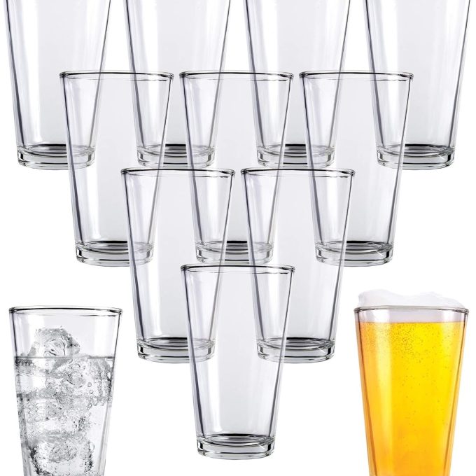 Pint Beer Glasses Set of 12 – 16 oz Tall Clear Drinking Glasses and All Purpose Tumblers – Heavy Base Cocktail, Water, Juice Glass – Pub Style Design For Home Dining, Bars, and Parties