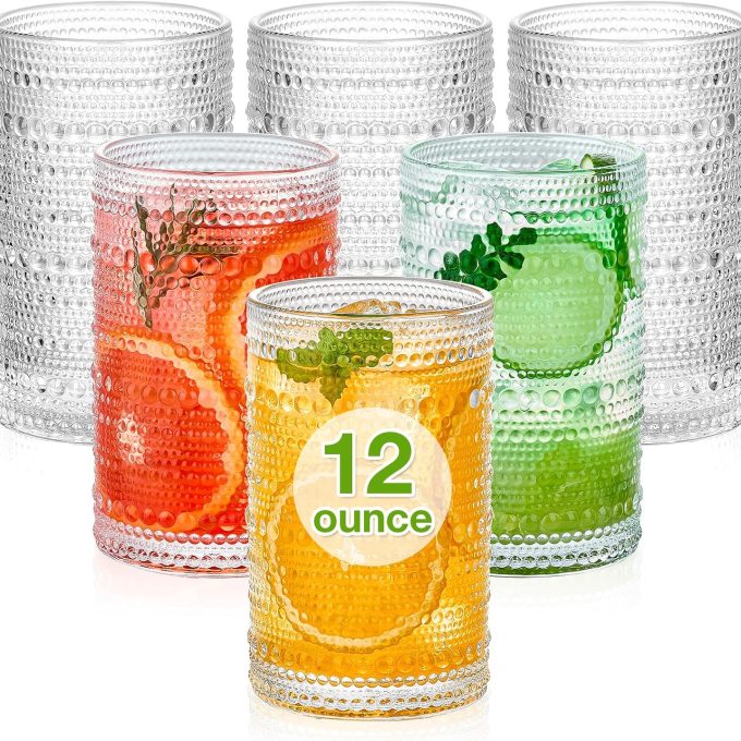 Large Vintage  Drinking Glasses Set of 6, 12 oz Cocktail Glasses,Highball Glasses, Embossed Glass Cups, Clear Water Tumbler, Glassware for Beer, Juice, Cocktail, Whiskey, Milk